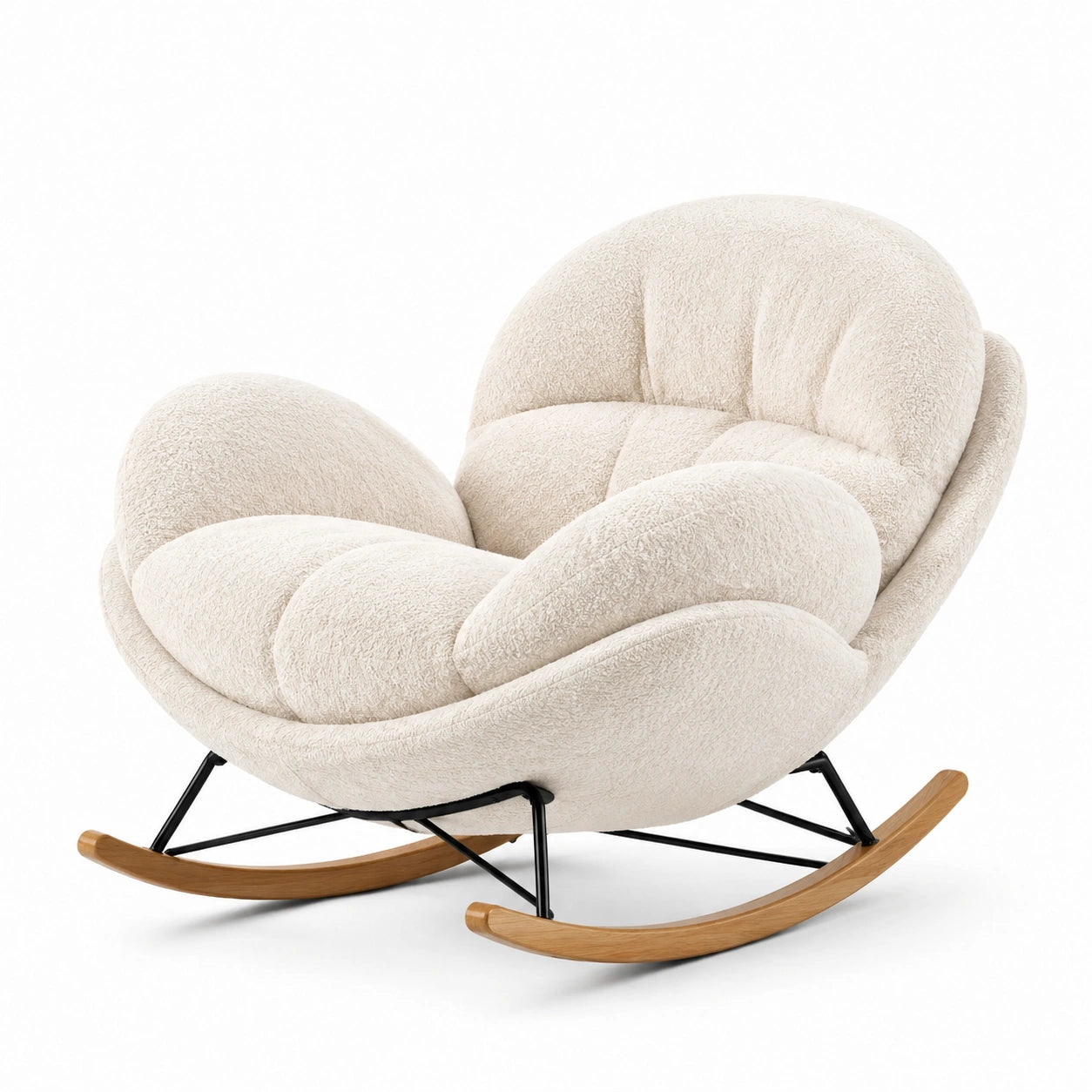 Fauteuil à bascule bouclette crème avec pieds en bois et métal