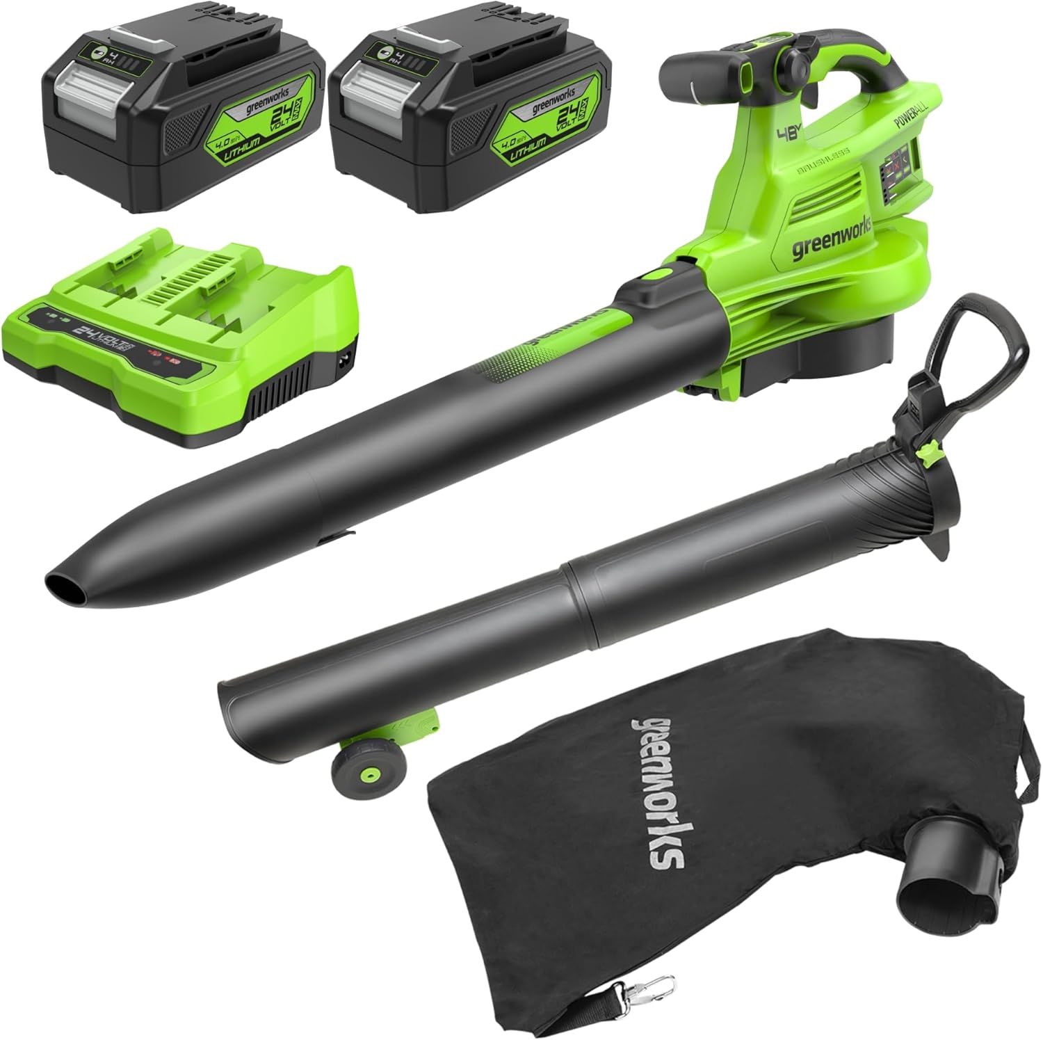 Aspirateur Souffleur Sans fil de Feuilles à Batterie Bandoulière, 48V, Moteur Sans Balais – Greenworks, Vert/Noir, 24V x 2, 386km/h, 14.73m3/min