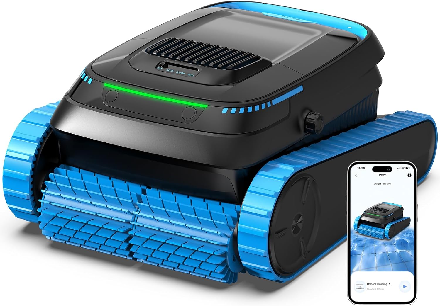 Robot de Piscine PC20 Sol et Paroi, pour piscines jusqu'à 170m2, Aspirateur Puissant 18927 L/H avec contrôle par App – BOTLUXE, Noir/Bleu