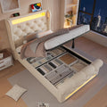 Lit, 90x200, Lit Coffre avec Lampe LED et Sommier à Lattes, pour Adulte Adolescent – EURHCIO, sans Matelas, Tissu Velours, Beige