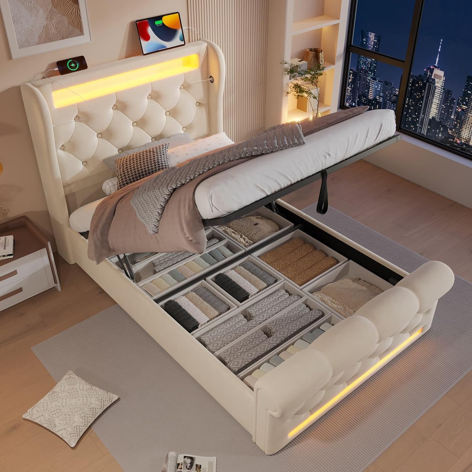 Lit, 90x200, Lit Coffre avec Lampe LED et Sommier à Lattes, pour Adulte Adolescent – EURHCIO, sans Matelas, Tissu Velours, Beige
