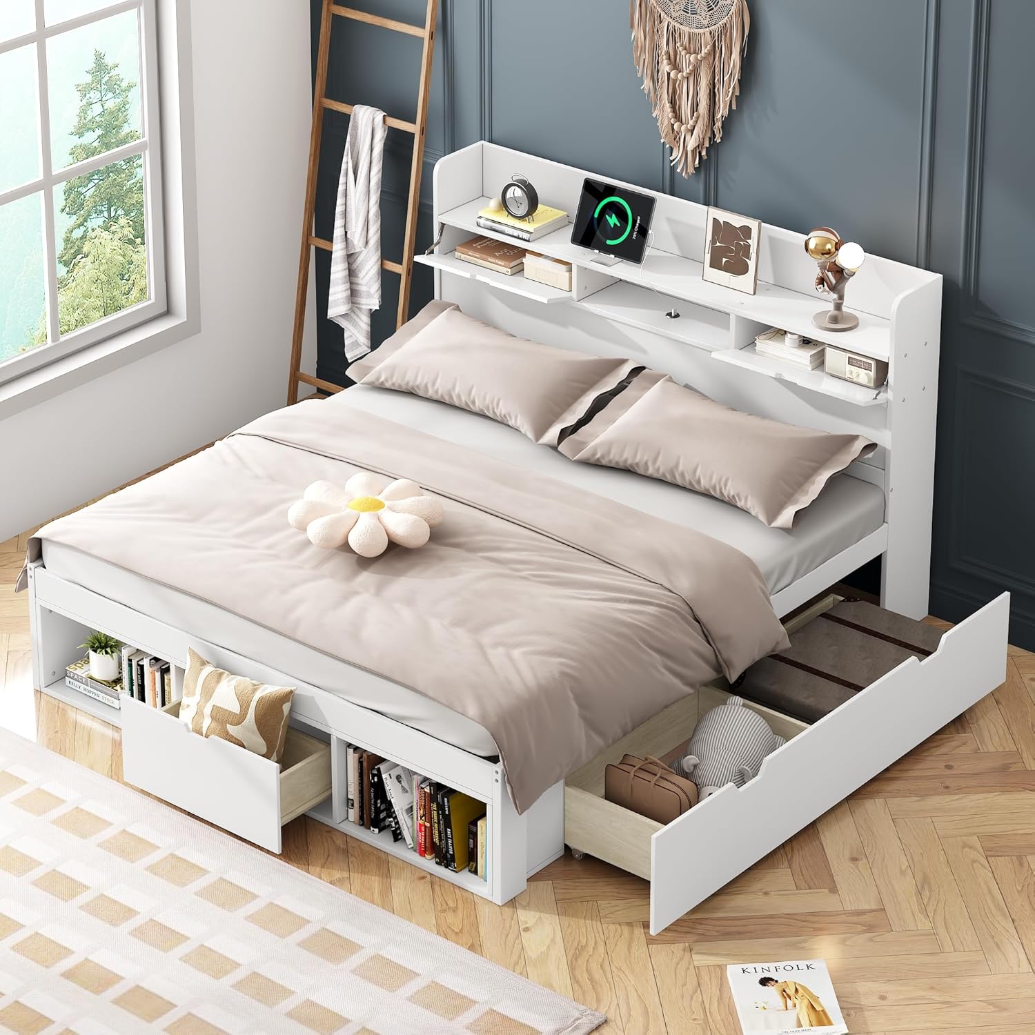 Lit, Lit Coffre 160x200 avec Rangement 2 en 1 et Tete, Blanc/Beige – Sapgaks, Cadre de 160 x 200, Rembourré Multifonctionnel avec à Lattes