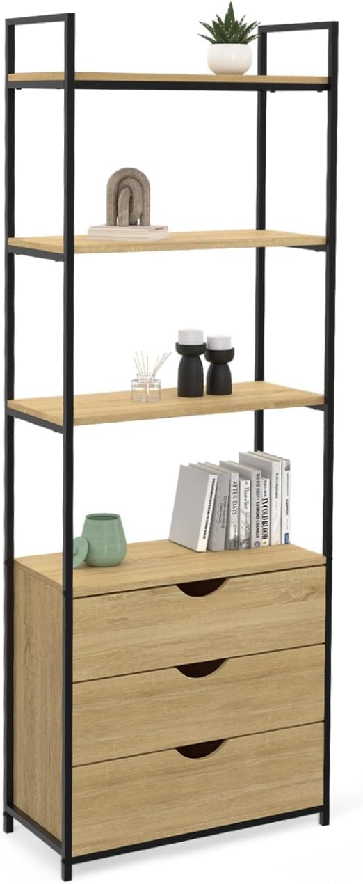 IDMarket, Etagère bibliothèque 4 Niveaux avec 3 tiroirs Detroit Design Industriel 170 cm, Chêne/Noir