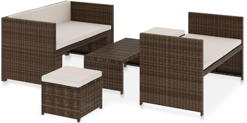 Salon de Jardin 5 Pièces en Résine Tressée Marron, Ensemble Mobilier Extérieur avec Coussins Blanc Crème – Mhdvray, Marron/Blanc Crème, Table Basse