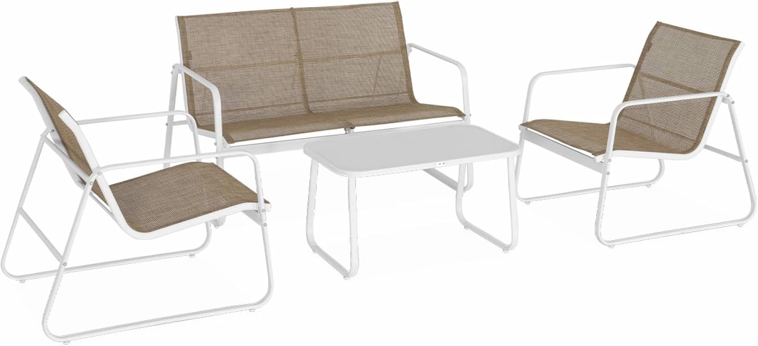Salon de Jardin en métal et textilène pour 4 Personnes. Blanc et Naturel. Design – Alice's Garden, Blanc/Marron