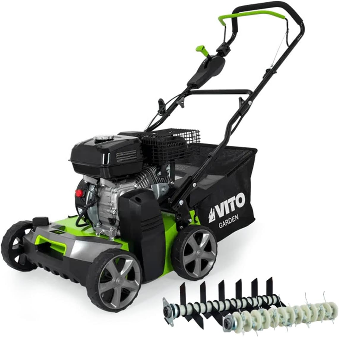 Scarificateur, Scarificateur & Démousseur Pelouse 2000 m2, Réglable – VITO, Noir/Vert/Argent, Largeur 40cm, Bac 45L