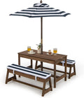 Table de Pique-Nique pour Enfants avec Parasol Réglable, 89 x 44 x 50 cm, Salon de Jardin en Bois pour Enfants avec Coussins, Bleu/Blanc/Marron