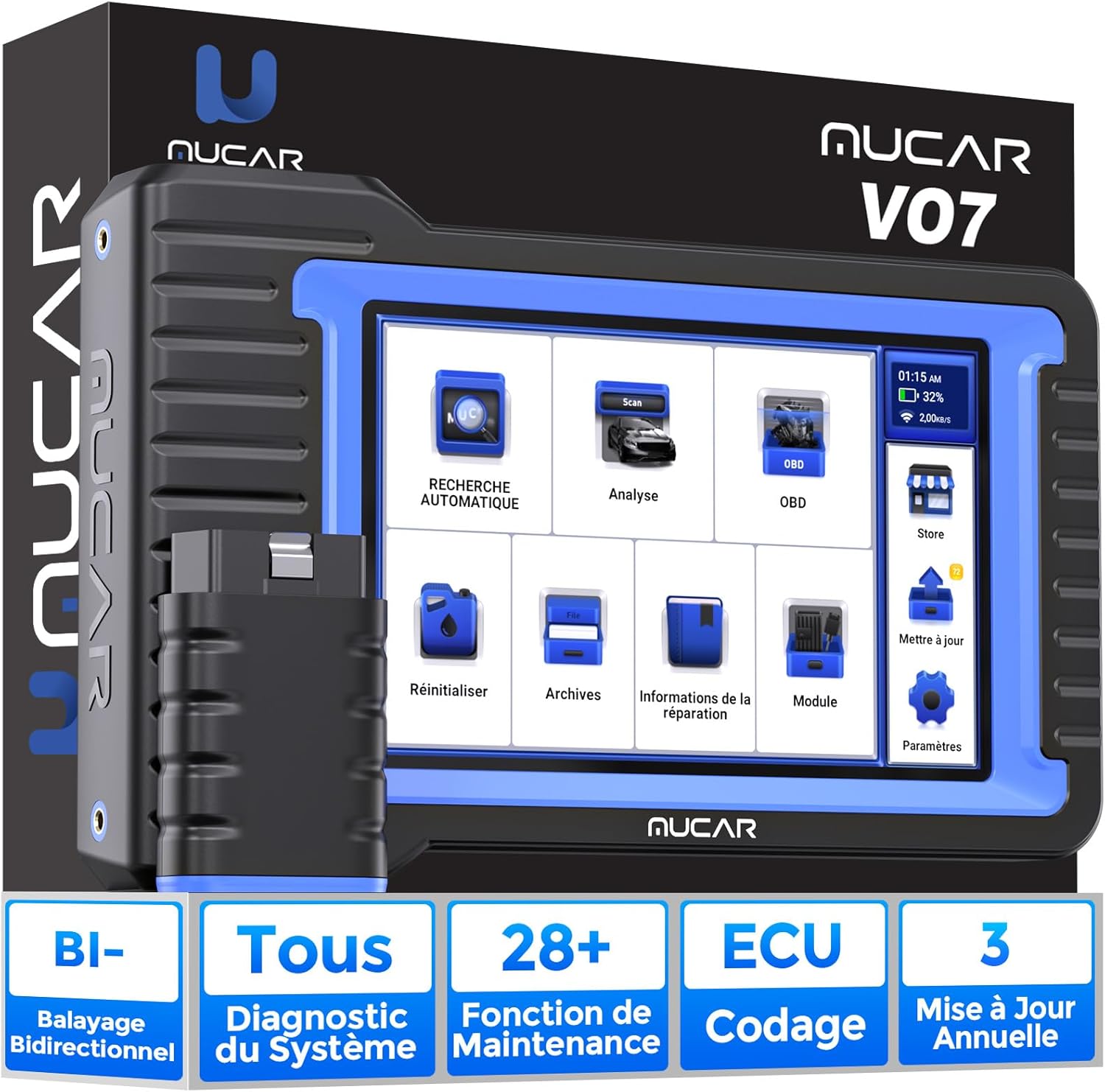 mucar Outil de Balayage Bidirectionnel OEM avec Codage de l'ECU, VO7 Valise Diagnostic Auto avec Mise à Jour Gratuite, Noir/Bleu