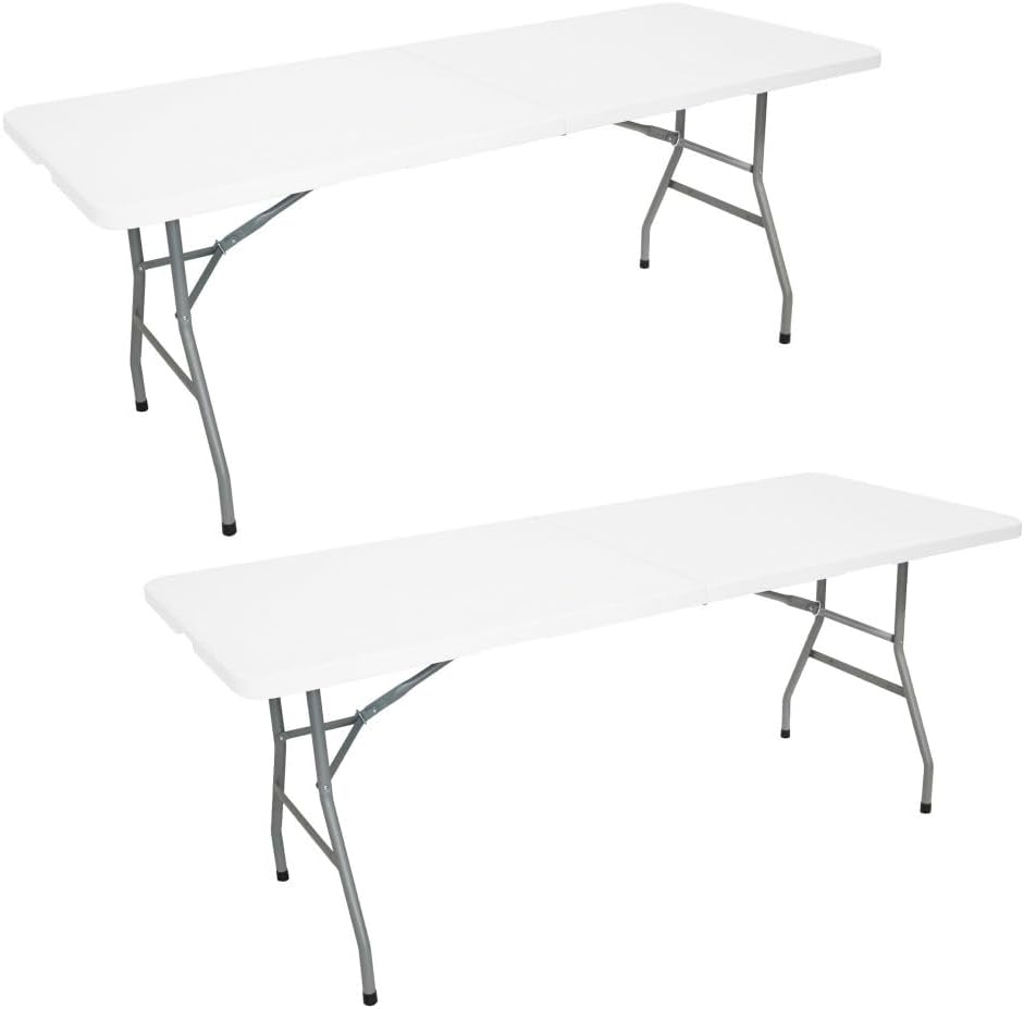 Lot de 2 Tables Pliantes Jardin, Table Camping Pique Nique 8 Places, Portable avec Poignée – Oxeo, 180cm, Blanc, Table réception