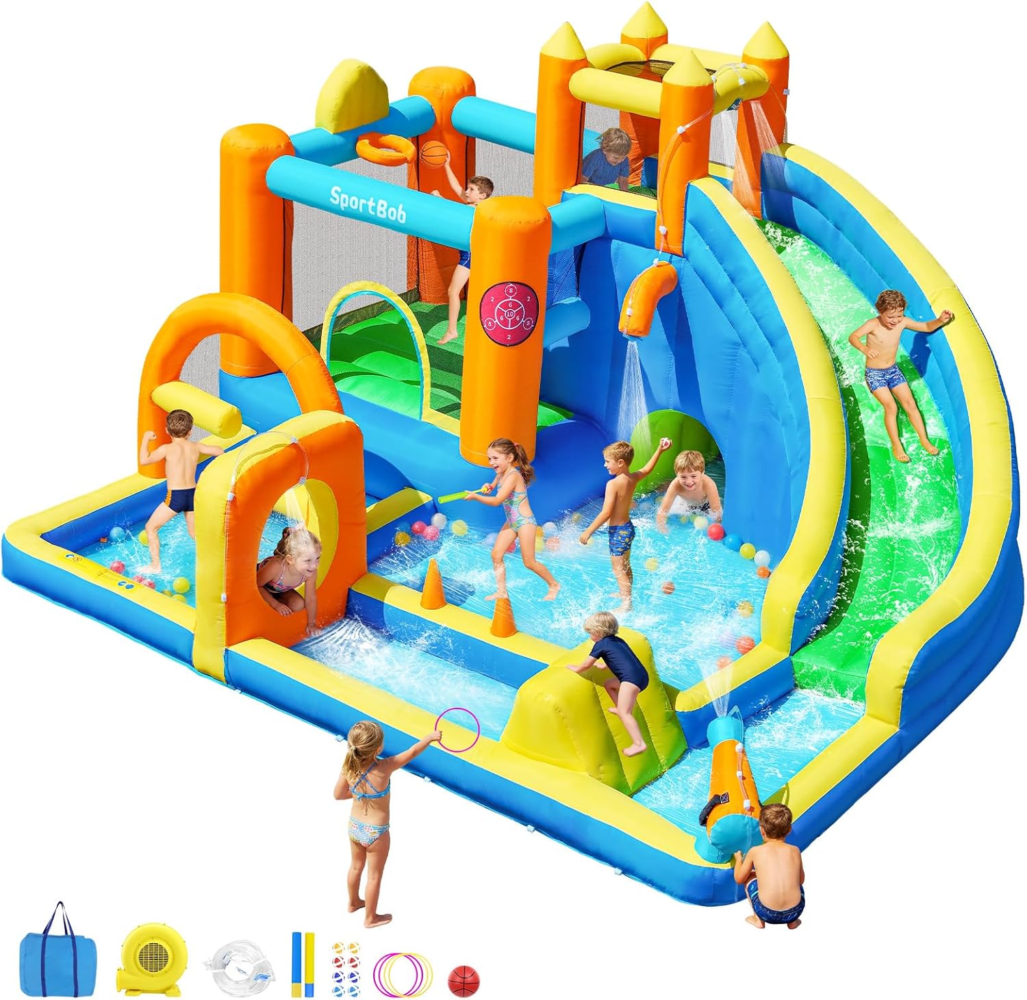 Château Gonflable Parc Aquatique avec Long Toboggan, Cascade pour L'extérieur/l'intérieur – SportBob, Jaune/Orange/Bleu/Vert, Soufflerie
