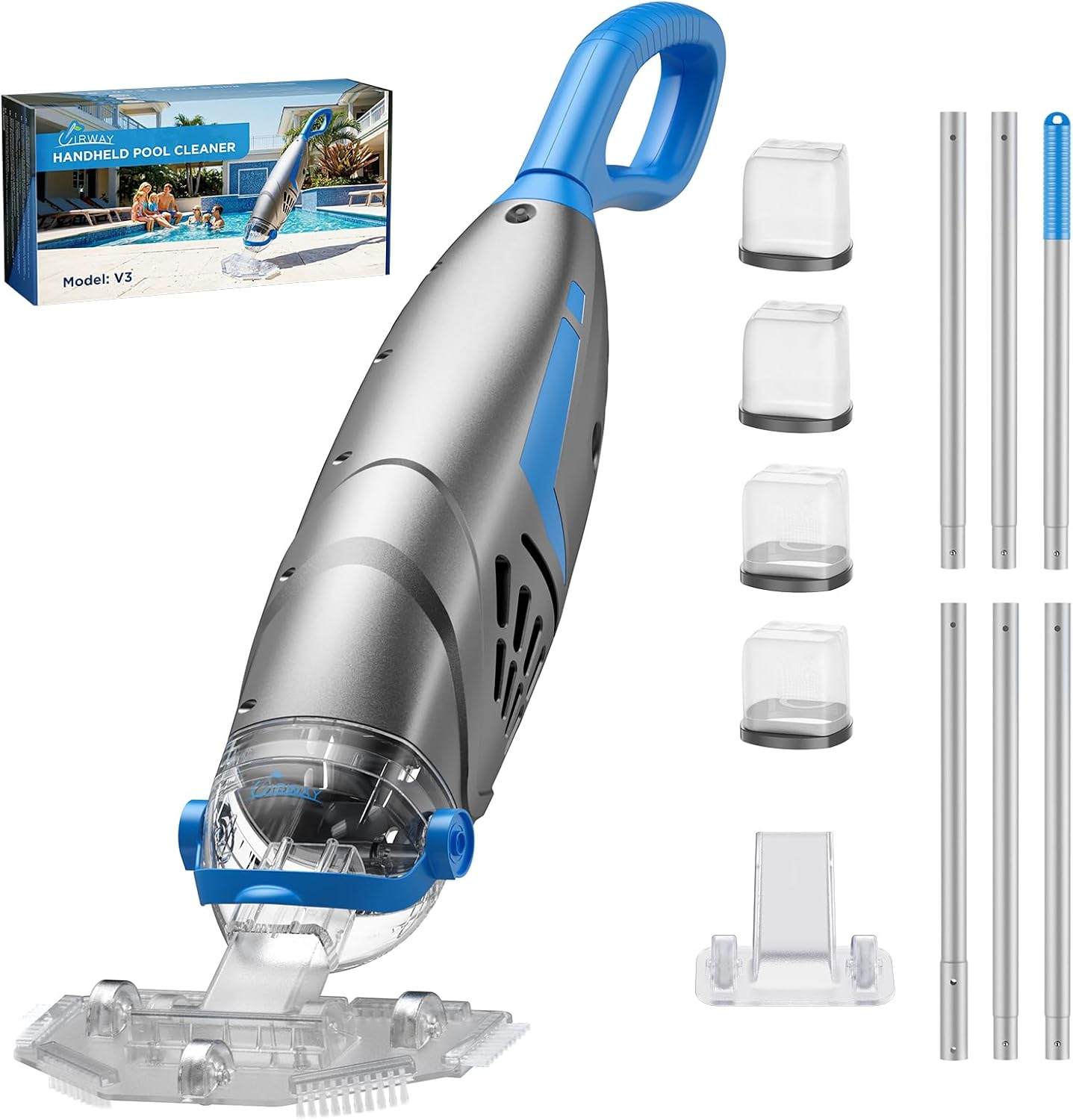 UIRWAY IPX8 V3 Aspirateur Piscine sans Fil, 2026 IPX8 Balai Aspirateur Piscine Rechargeable avec 2 Têtes & 4 Sacs Filtrants, Argent/Bleu