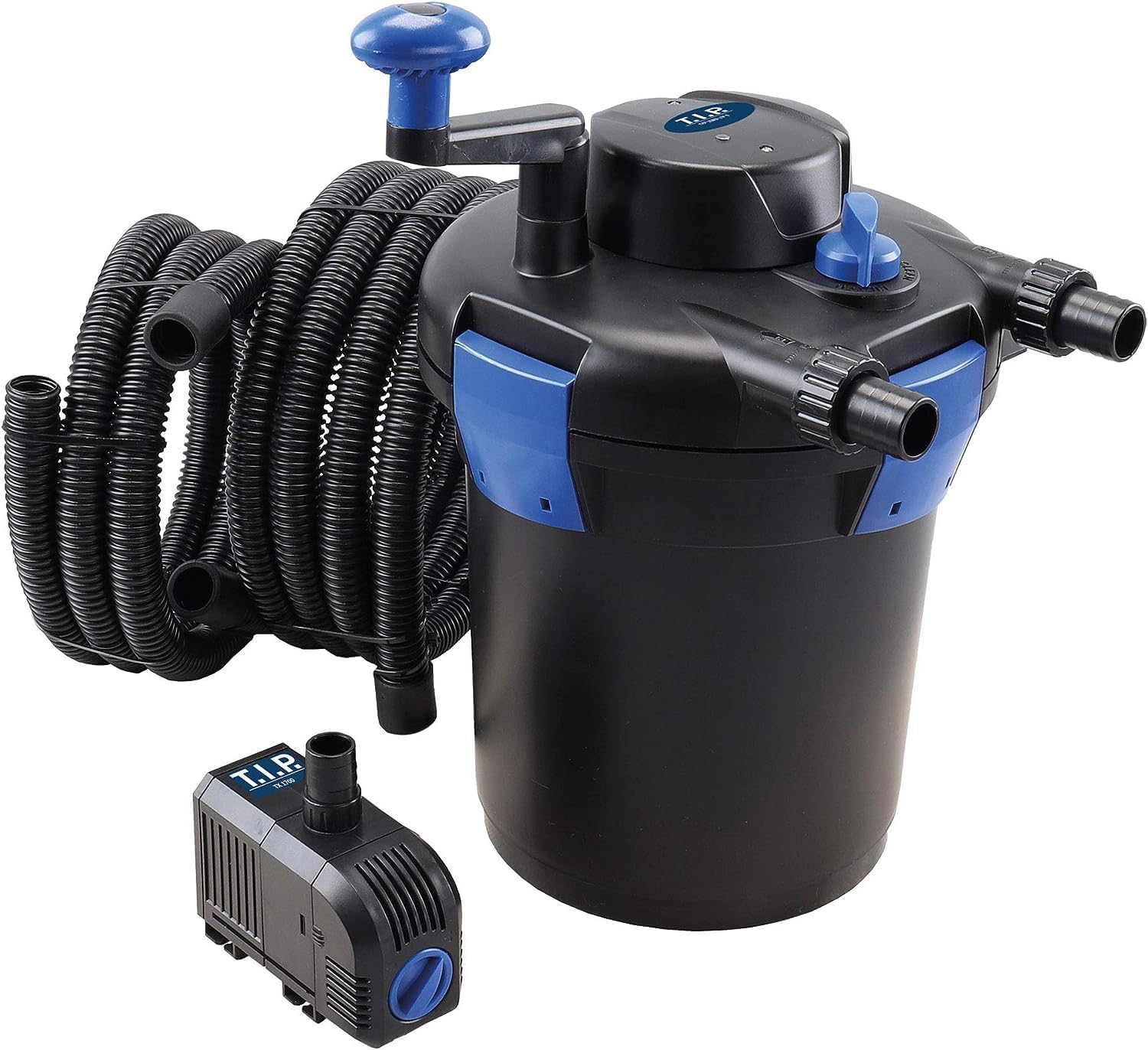 T.I.P., Filtre, TFP 5000 UV 9 Kit de Filtration Sous Pression pour Bassins 25 Watts Débit 1500 l/h Volume, Noir/Bleu