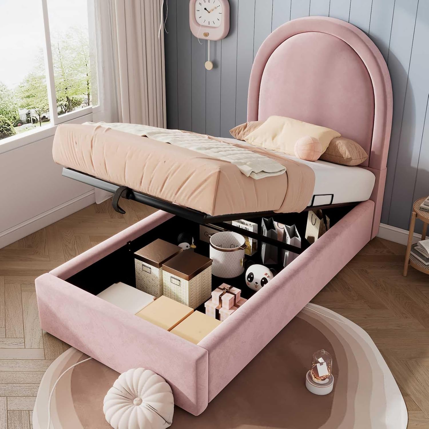 Lit, 90x190cm, Tête avec Arc en Demi-Cercle – YEHTOKHOME, Simple lit d'enfant avec sommier à Lattes, sans Matelas, Tissu Velours