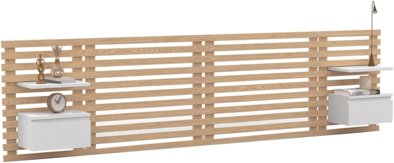 Lit, Tête de lit Suspendue en Lattes AVA 240 cm avec chevets + tiroir façon Bois Clair et Blanc, Bois Clair/Blanc – IDMarket