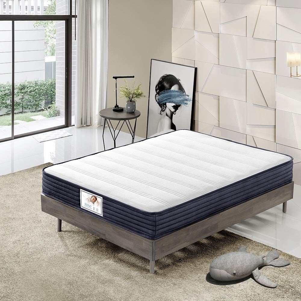 Matelas 140x190x22cm Ressorts Mousse polyuréthane et 22CM mémoire de Forme, Blanc/Bleu Marine – TEENO