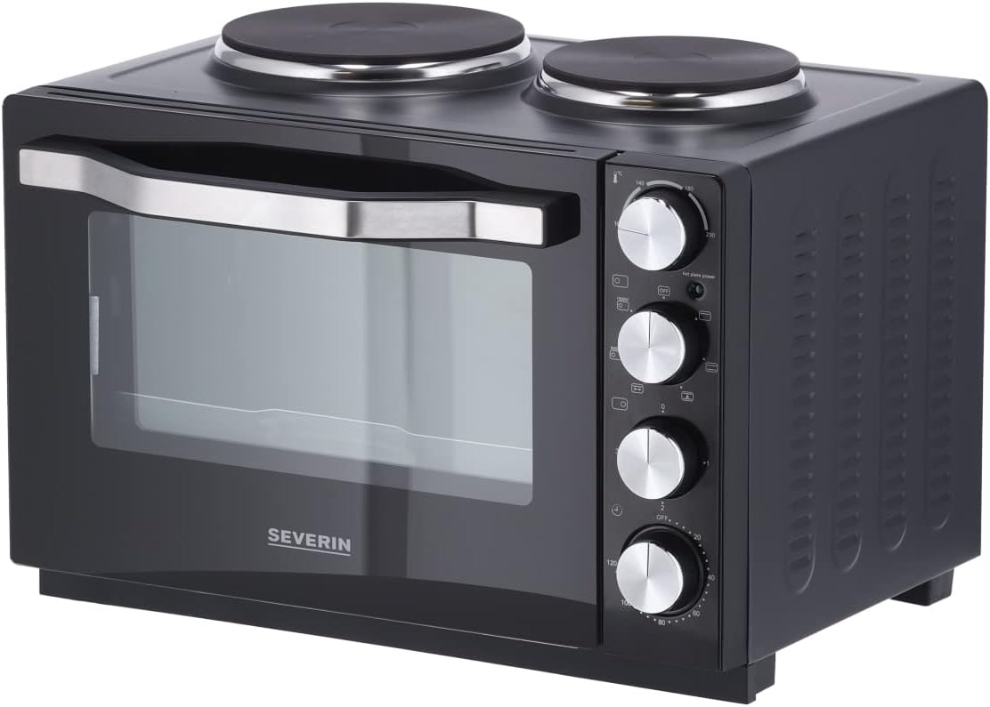 Severin, Mini-Four à chaleur tournante 30 L avec tournebroche et plaques de cuisson, Four posable 2 500 W design élégant, TO 2065, Noir/Inox