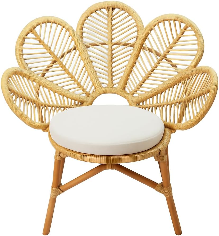 Fauteuil en Rotin Paon avec Coussin Blanc, D 70 X P 85 X H 90 Cm, Chaise pour Extérieur Ou Intérieur, Beige/Blanc – Deconation