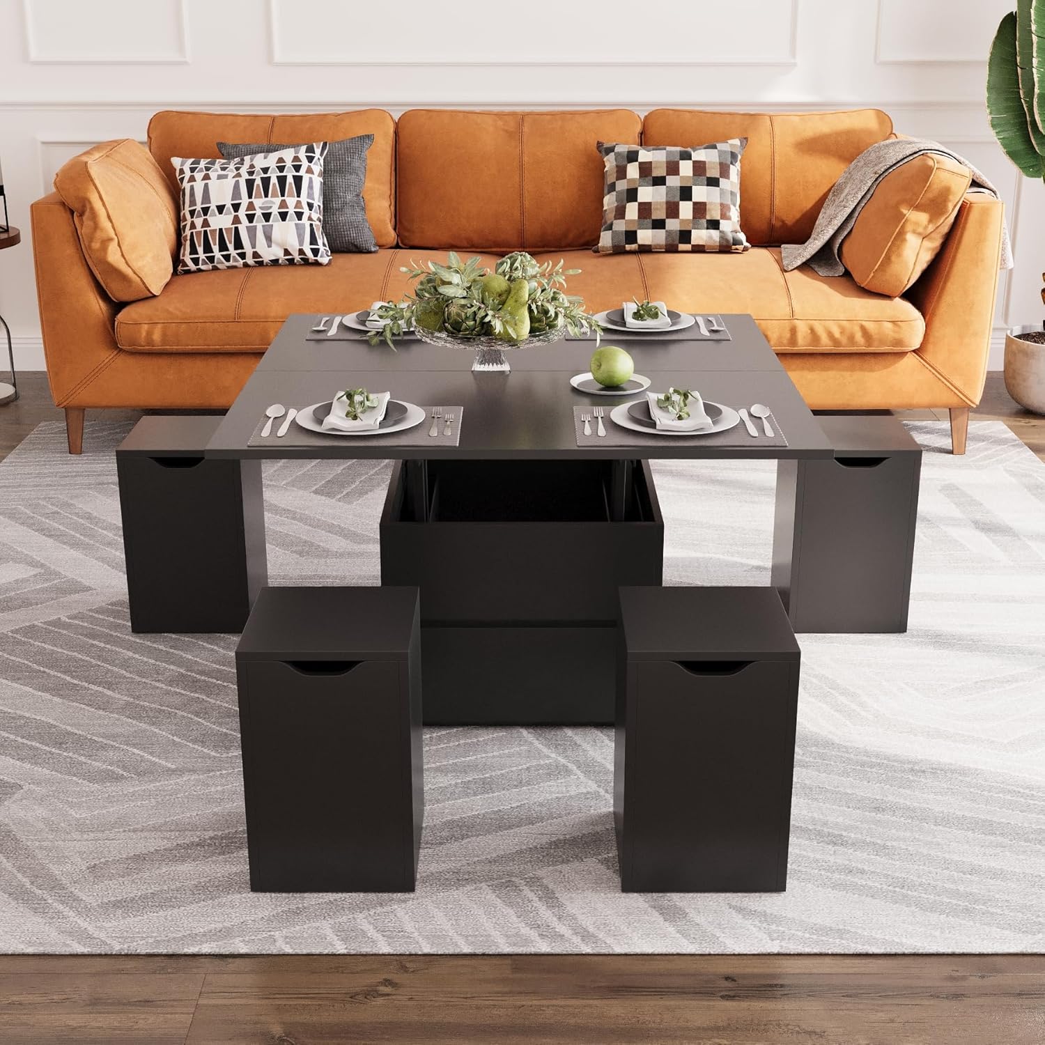 Table Basse Relevable, avec Con 4 Tabourets, Table de Salon Multifonctionnelle 4 en 1 – VOWNER, Noir, Plateau Relevable