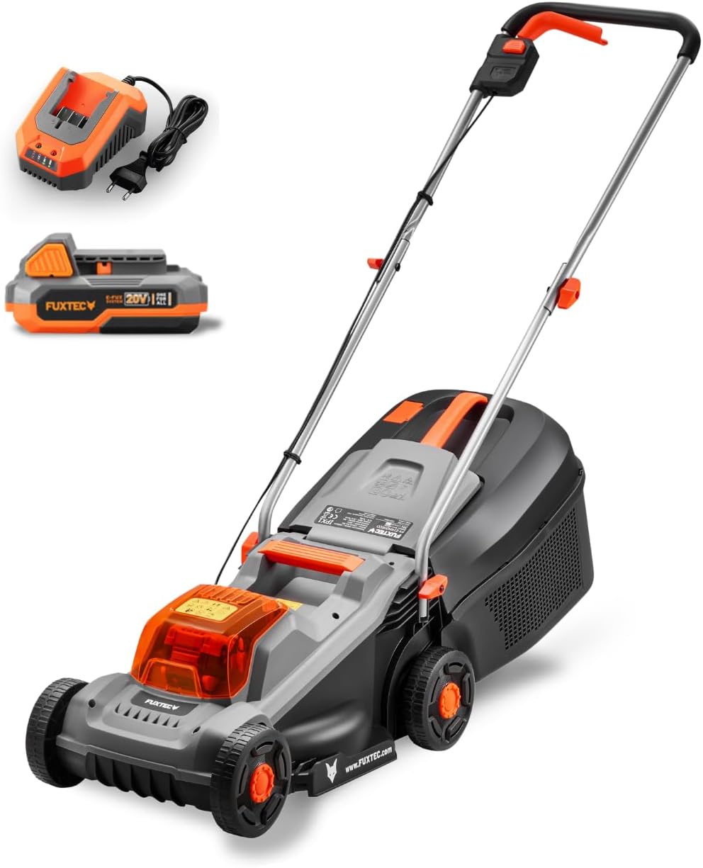 Fuxtec FX-E1RM20-ECO-SET Tondeuse à Gazon sans Fil 20 V FX-E1RM20-ECO-SET, Largeur de Coupe 30 cm, Batterie 4Ah + Chargeur, bac 30L