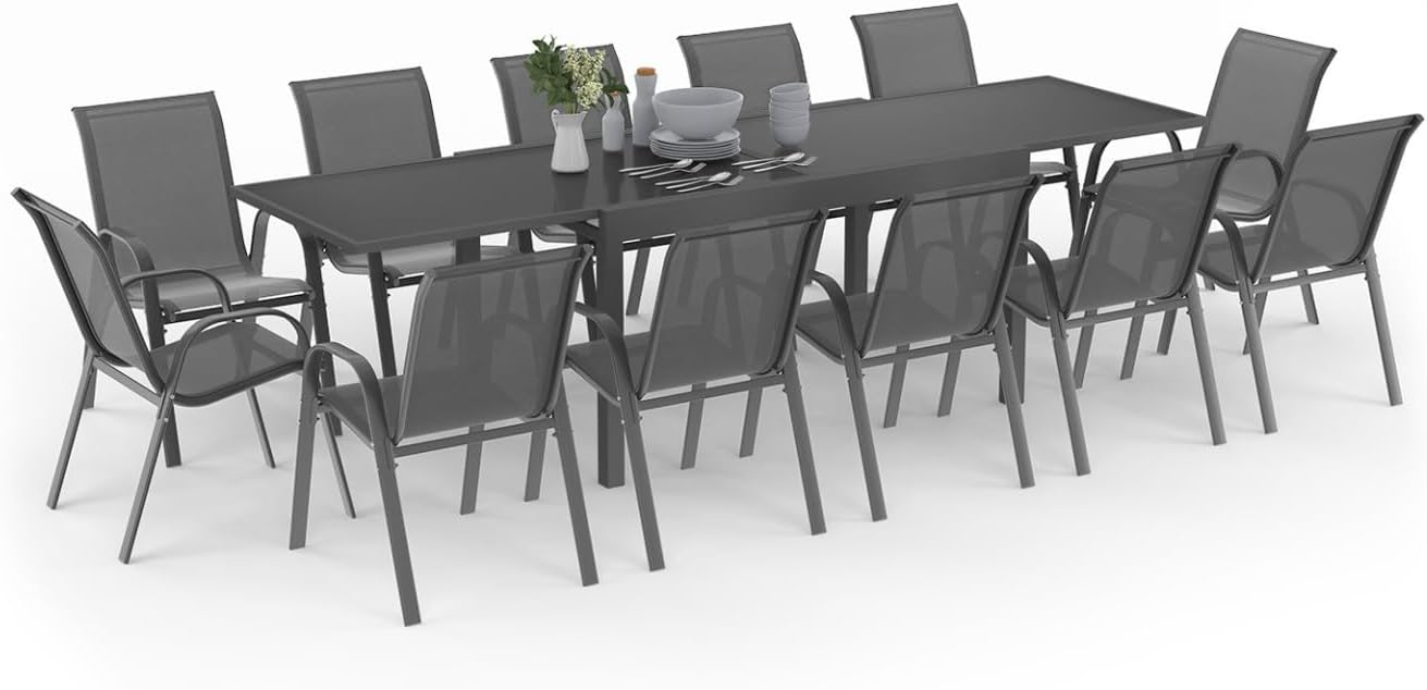 IDMarket, Ensemble salle à manger, Salon de Jardin Madrid Table Extensible Plateau Gris 135-270 CM et 12 chaises empilables, Gris/Gris Anthracite