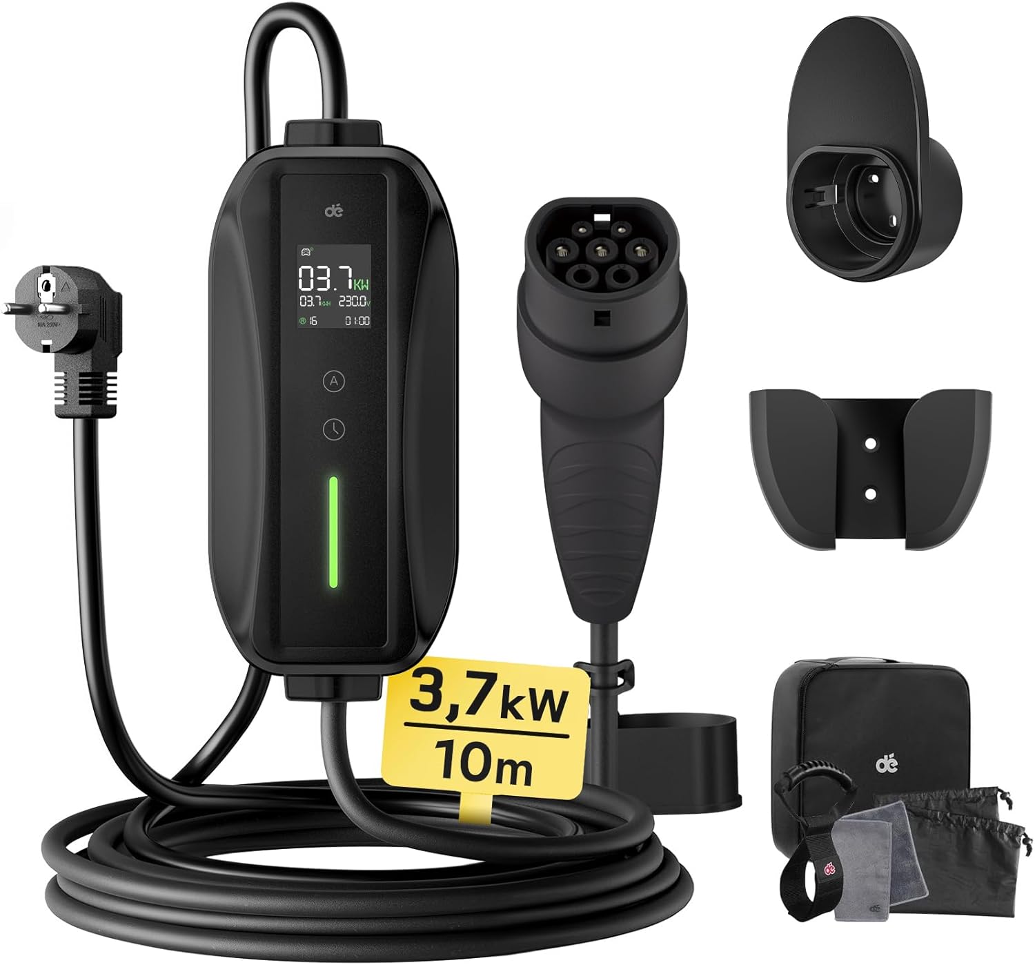 Chargeur Voiture Electrique 3, 68kW [10m, 6/8/10/13/16A] Cable de Recharge Type 2 avec LCD écran Numérique Contrôlable – dé, Noir, 500e, Model 3, Zoe