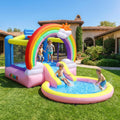 Bonnlo, Chateau Gonflable avec Piscine a Balle, Toboggan Aquatique et Trampoline pour Enfant, Bleu/Jaune/Rose/Rouge/Vert, Thème Arc-en-Ciel
