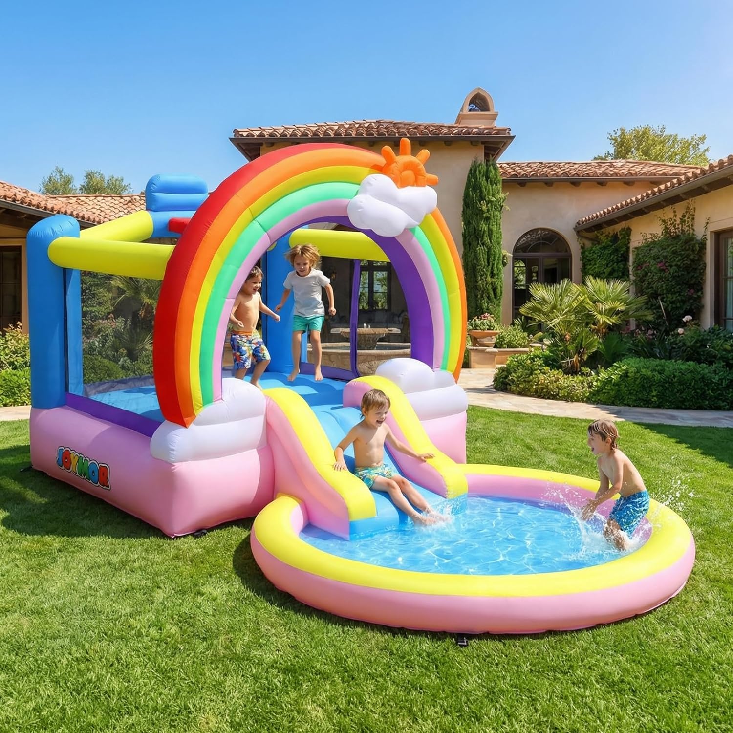 Bonnlo, Chateau Gonflable avec Piscine a Balle, Toboggan Aquatique et Trampoline pour Enfant, Bleu/Jaune/Rose/Rouge/Vert, Thème Arc-en-Ciel