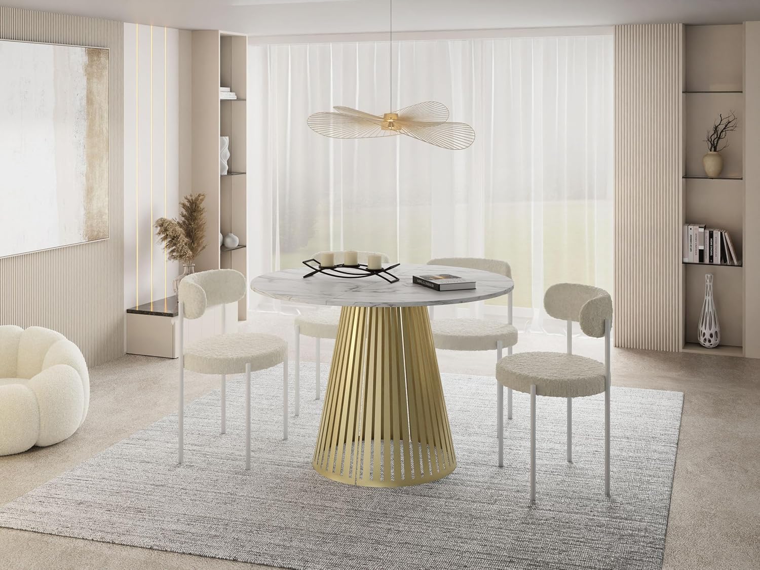Table à Manger Ronde Extensible Style Loft, 120 à 200 Cm, Design Industriel avec Pieds en Métal Doré, Blanc/Doré – WFL GROUP
