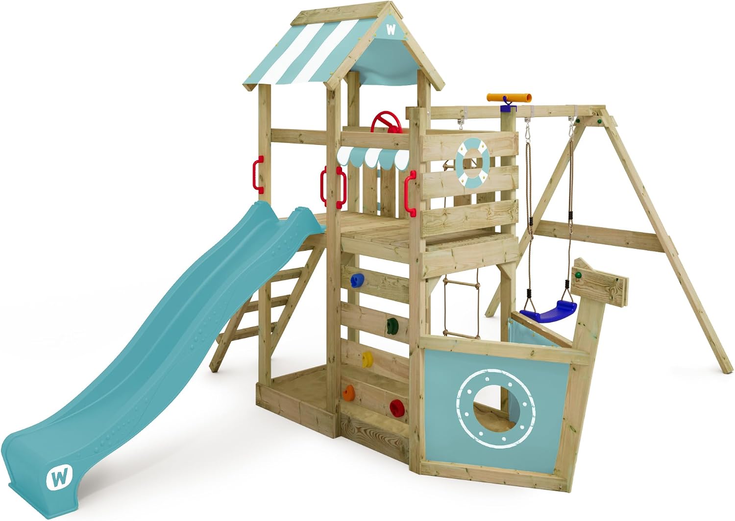 Balançoire, Tour d'escalade pour Enfants avec bac à Sable – Wickey, Bleu Pastel/Bois, échelle et Accessoires de Jeu pour Le Jardin