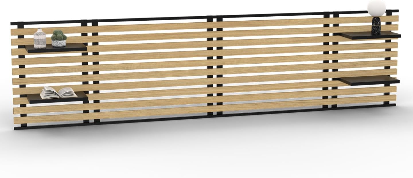 Lit, Tête de lit Suspendue en Lattes Detroit 240 cm Bois et métal Noir avec étagères Design, Bois/Noir – IDMarket