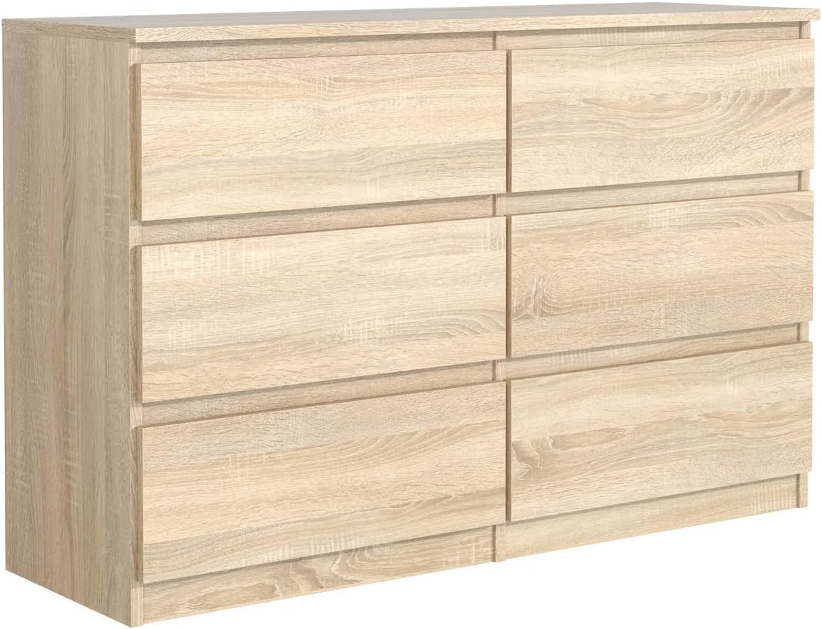 Commode 6 Tiroirs Chêne Sonoma 120 cm, 120 x 39 x 78, 5 cm, Meuble de Rangement Spacieux pour Chambre, Chêne Clair – MebLocker