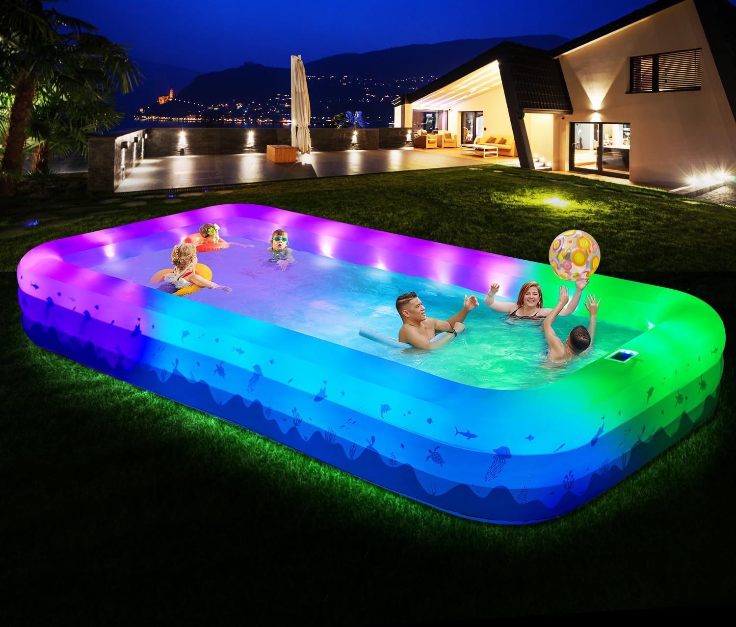Grandes piscines gonflables avec lumières, piscines familiales gonflables pour adultes, 368, 3 x 188 x 55, 9 cm – HRLA, 1628, pompe à air non incluse