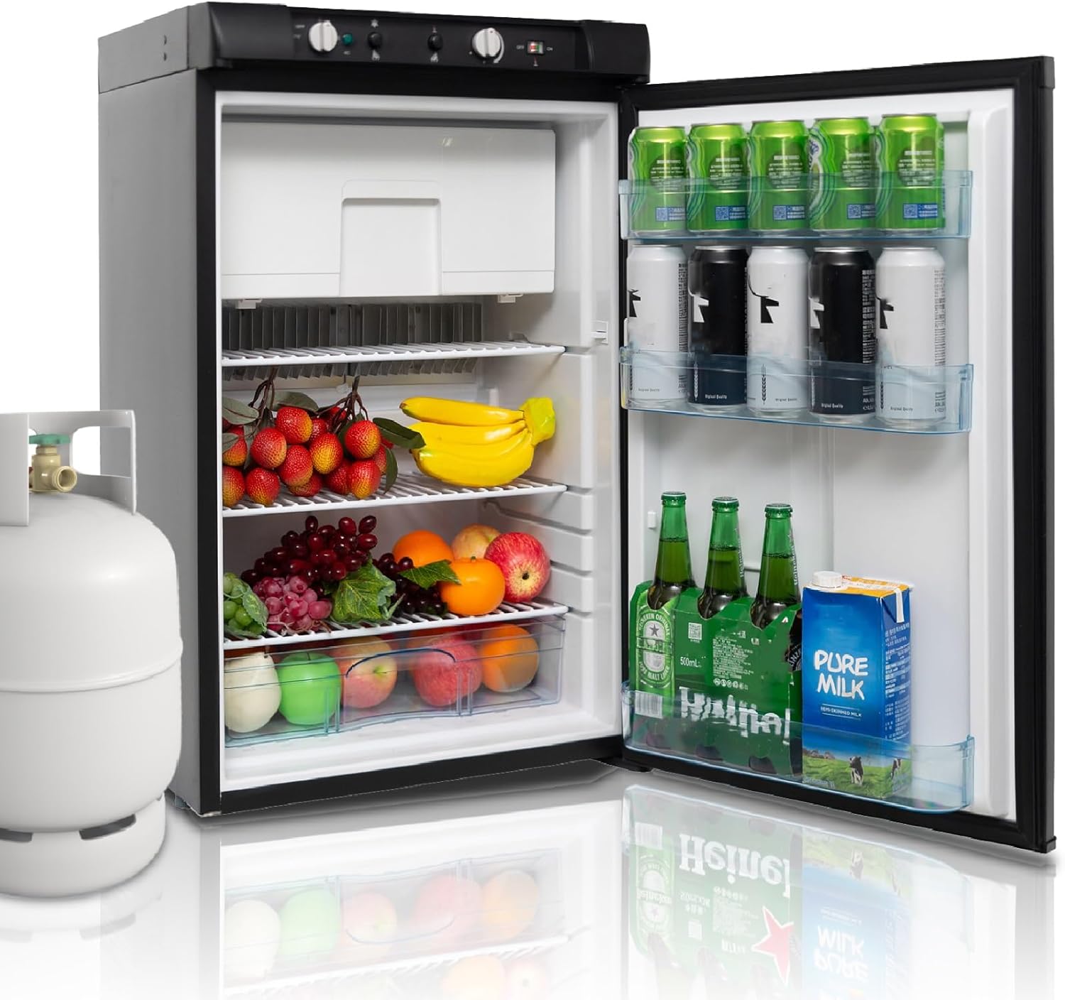 Techomey Mini réfrigérateur, 100L, Frigo Gaz avec Congélateur pour Camping Car, Noir, Caravane, Maison, Mobile-Home, Chalet, Cabanon