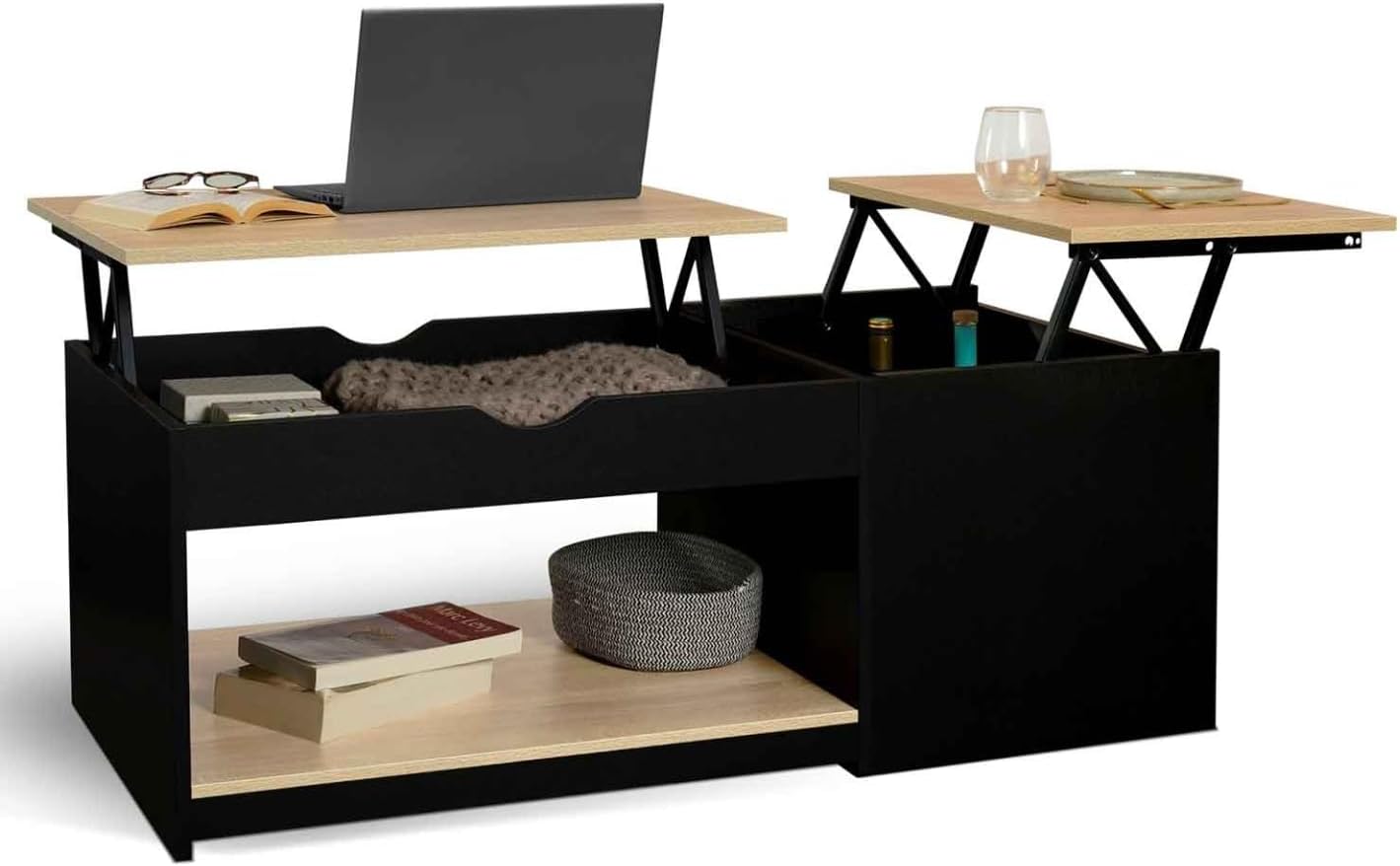 Table Basse 2 Plateaux relevables rectangulaire EYLA avec Coffre Bois Noir et façon hêtre, Noir/Hêtre – IDMarket