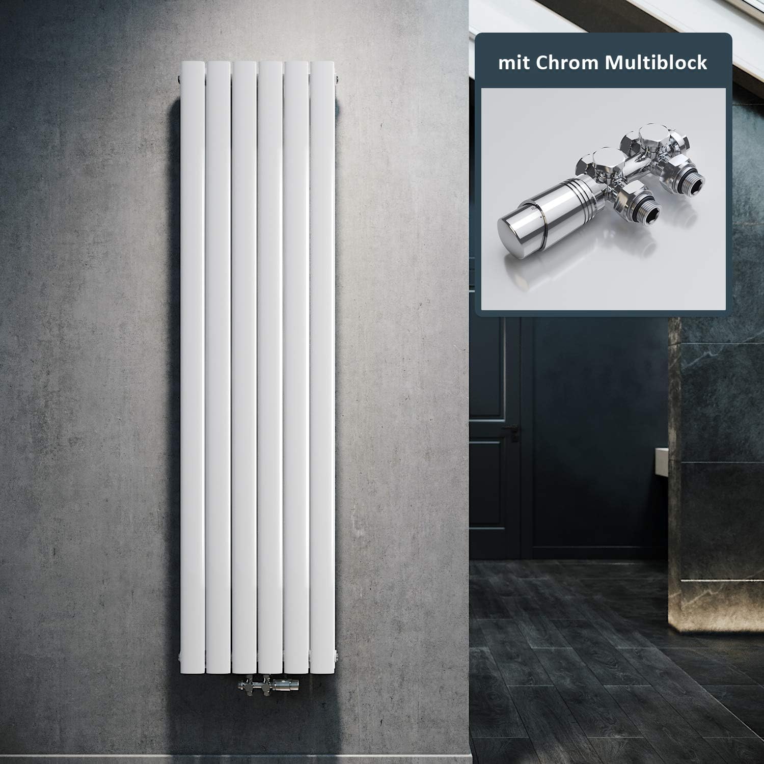Radiateur, 1800 x 462 mm, avec multibloc chromé – ELEGANT, Blanc/Chromé, blanc, thermostat, double couche, raccord central