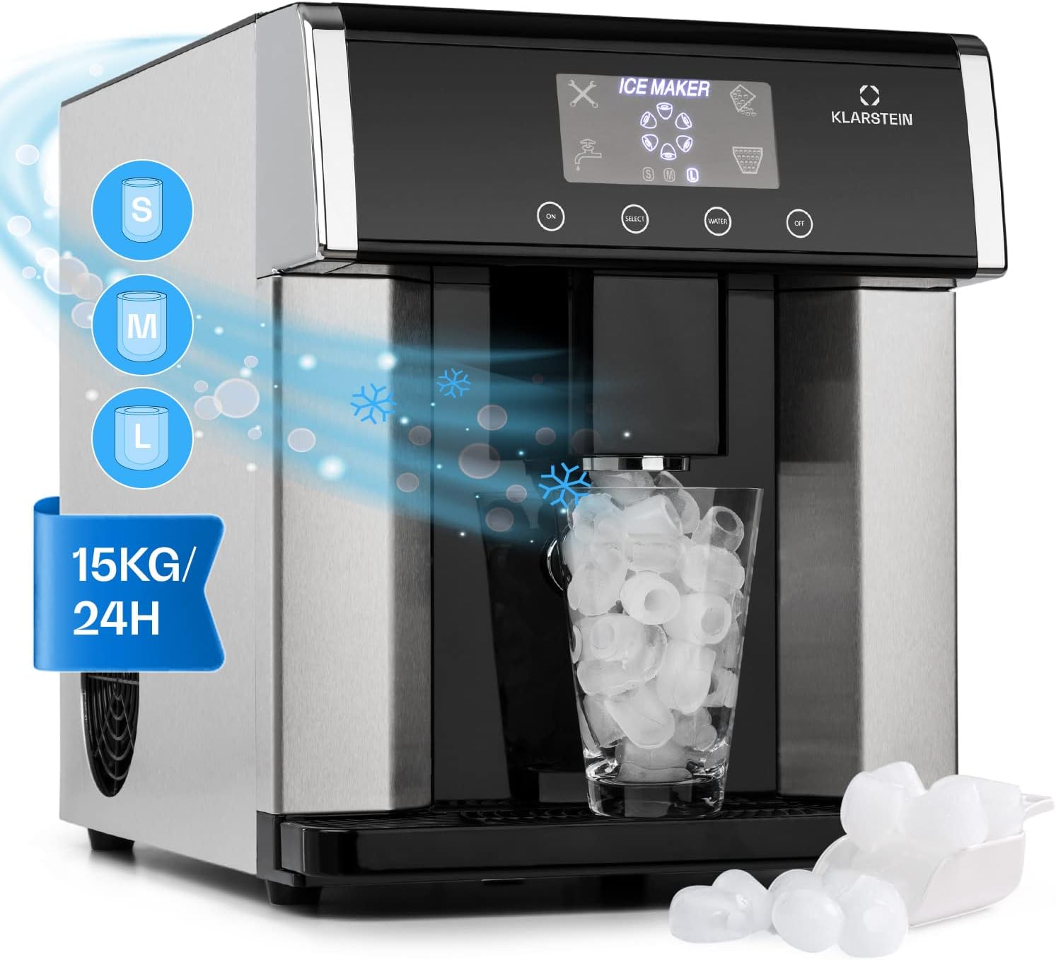 KLARSTEIN Eiszeit Machine à Glaçons Argent, réservoir 3 L, Inox, Argent/Noir, 15 kg/24 h, glaçons en 12 min, ~12 glaçons/cycle en 3 tailles