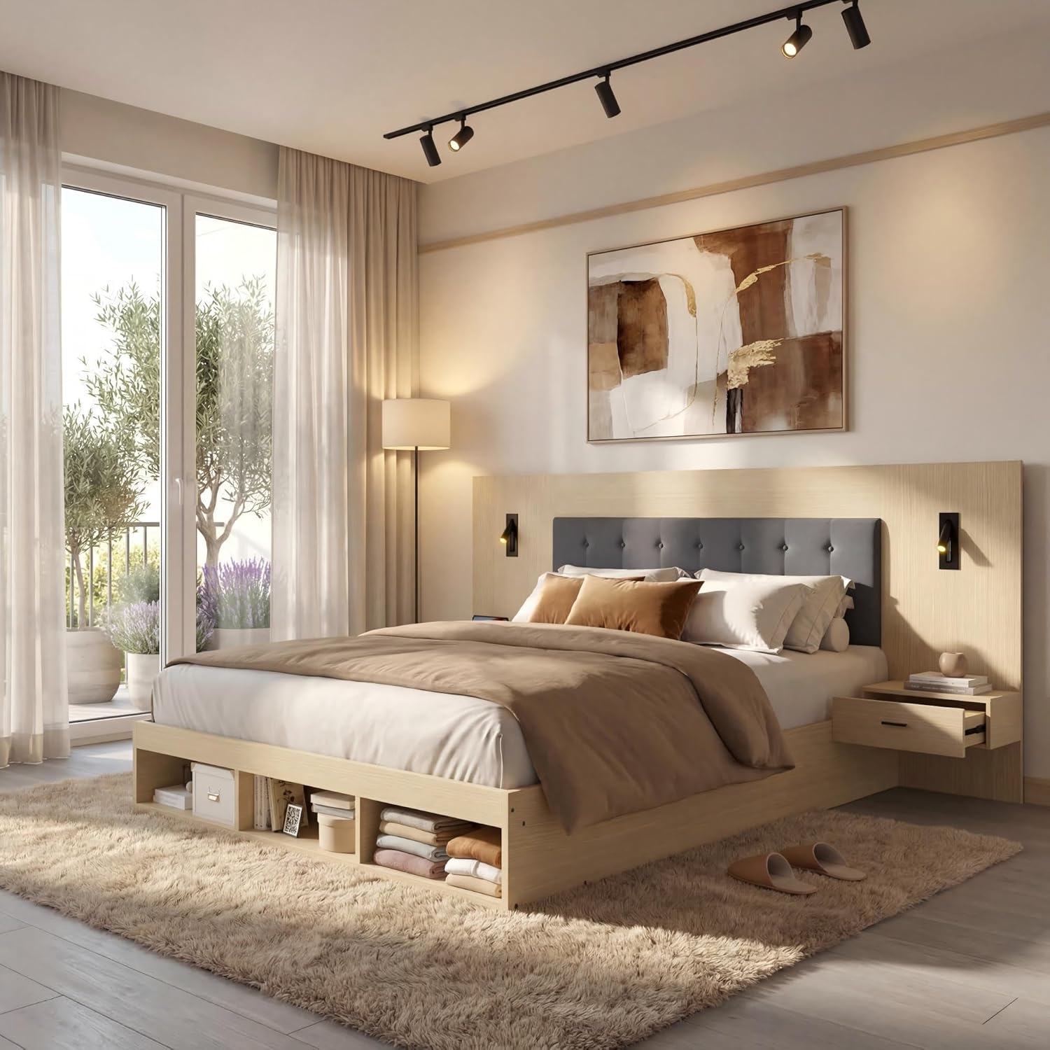Cadre de lit en Chêne Clair, Lit 160x200 avec USB et 360 degrés intégrés des 2 côtés, Beige/Gris – Zepneiy, Lit Double avec 2 Tables de Chevet