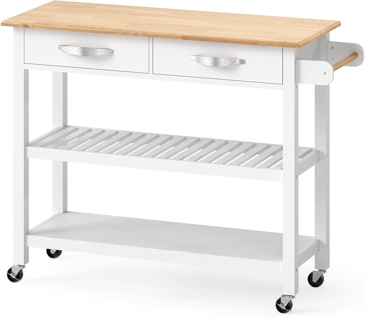 GIANTEX, Desserte, Îlot de Cuisine à 3 Niveaux pour Salon, Blanc/Bois Clair, 116 x 43 x 89 cm, 2 Tiroirs, 2 Étagères, Blanc, Bar