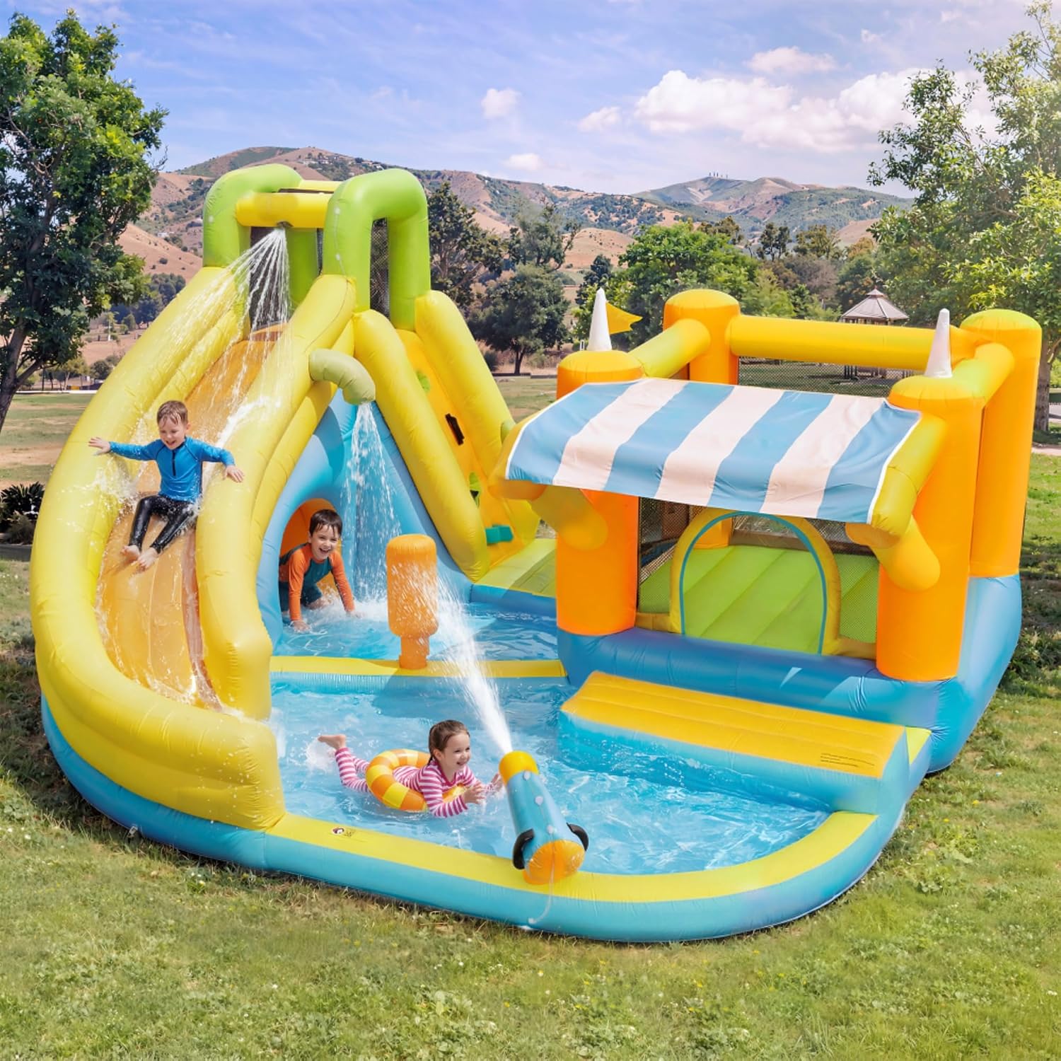 bytnghy, Parc Aquatique Gonflable pour Enfants 7-en-1, Château Gonflable avec Toboggan, Jaune/Vert/Bleu/Orange, Piscine, Mur d'escalade