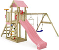 Portique en Bois avec Balançoire et Toboggan, Tour d'escalade pour Enfants avec Bac à Sable – Wickey, Rose Pastel/Bois/Bleu, Rose Pastel