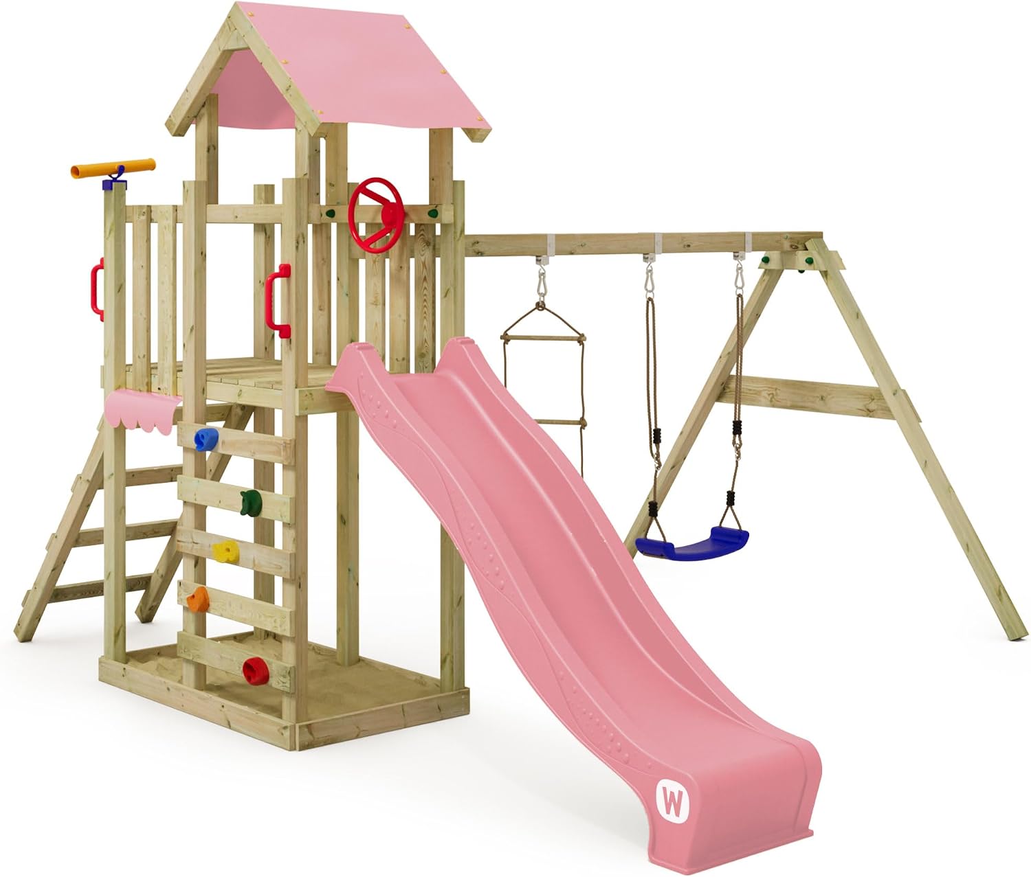 Portique en Bois avec Balançoire et Toboggan, Tour d'escalade pour Enfants avec Bac à Sable – Wickey, Rose Pastel/Bois/Bleu, Rose Pastel