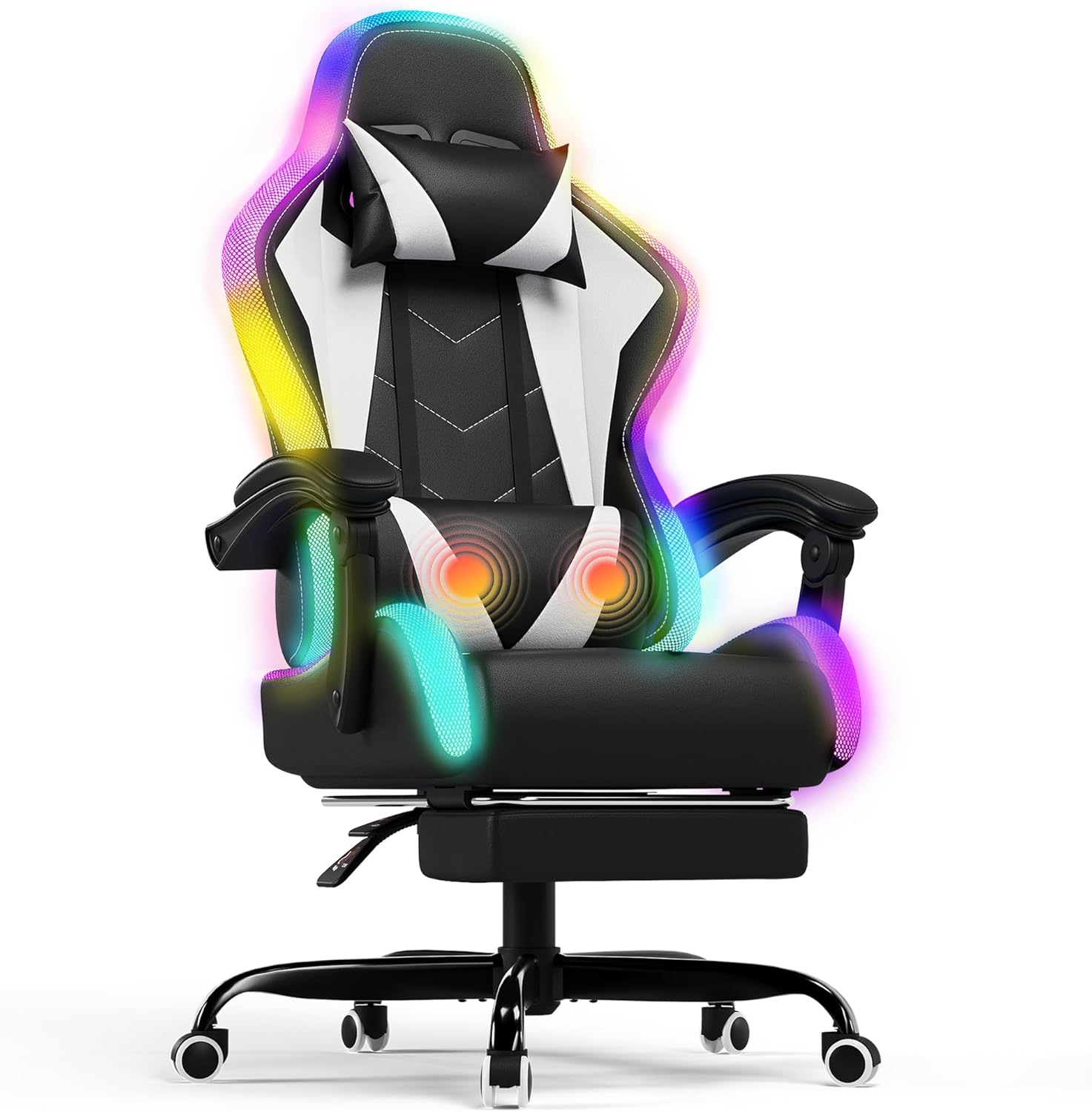 Chaise Gaming Ergonomique avec LED RGB, 180 kg, Fauteuil Gamer avec Appui-tête réglable, Noir/Blanc – Devoko, Blanc