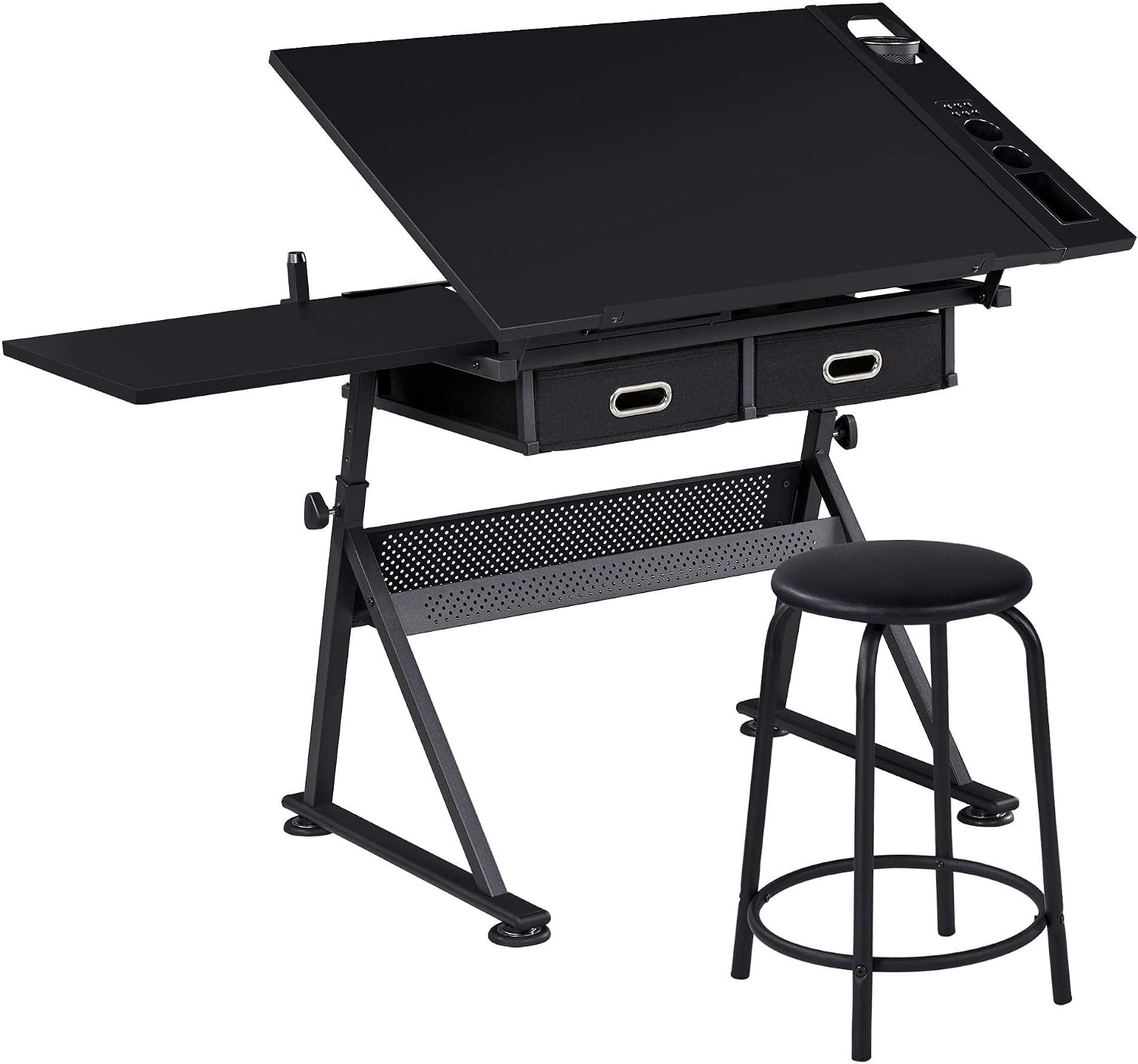 Yaheetech, Bureaux, Table à Dessin Inclinable Hauteur Réglable avec Tabouret et 2 Tiroirs Compartiments à, Noir