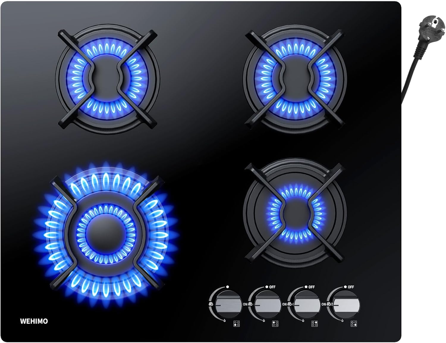 WEHIMO Plaque de Cuisson Gaz 4 Feuxs, Plaque Gaz 4 Feuxs Encastrable, Verre Noir, Table de Cuisson 60cm, 7800W, Grille Fonte