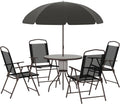 bistro, Table Ronde + 4 chaises Pliables + Parasol, Acier époxy café textilène Polyester Noir – Outsunny, Noir/Marron