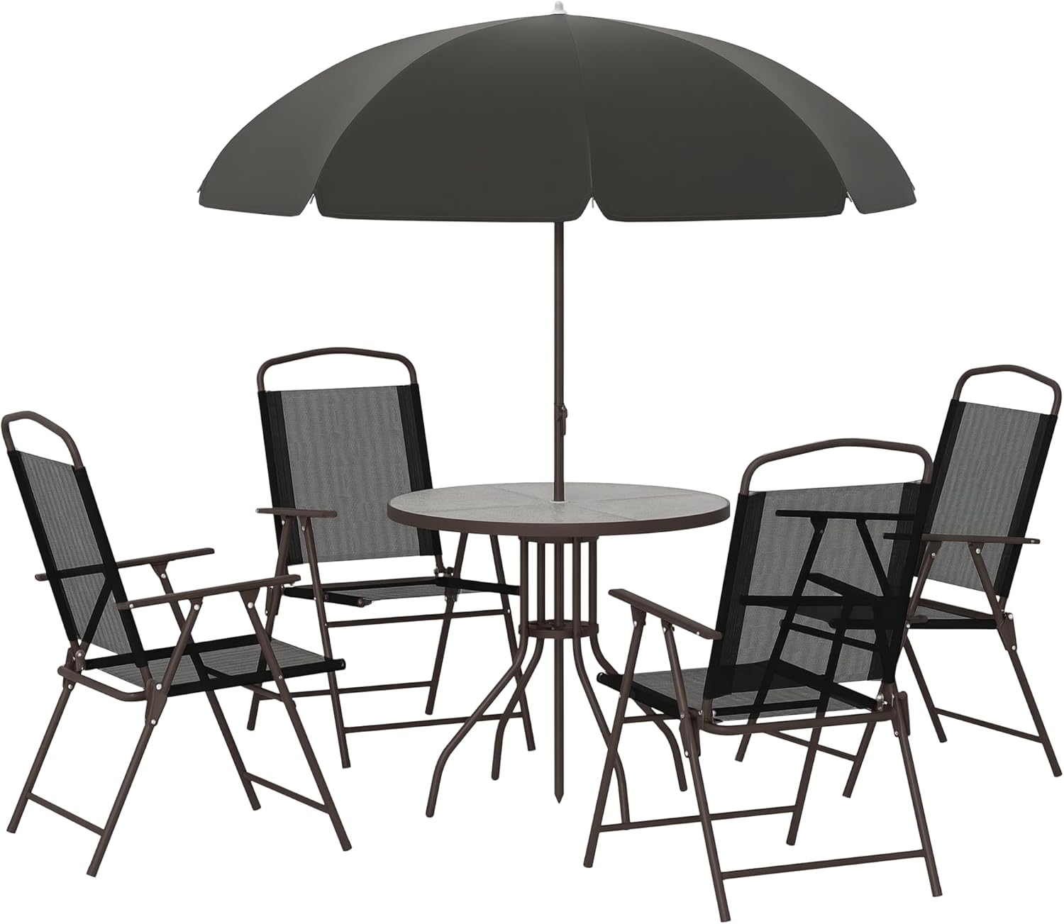 bistro, Table Ronde + 4 chaises Pliables + Parasol, Acier époxy café textilène Polyester Noir – Outsunny, Noir/Marron