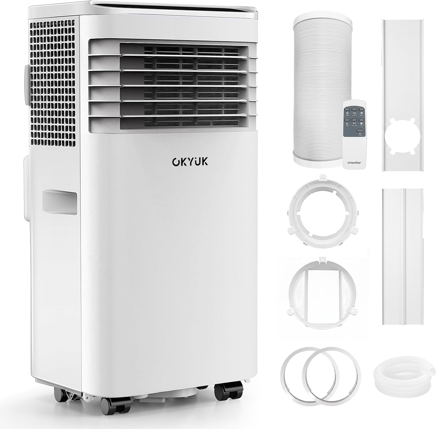OKYUK Climatiseur Mobile 7000 BTU avec tuyau d'évacuation, Pour pièces jusqu'à 25 m2, Blanc, Climatiseur portable 4 en 1