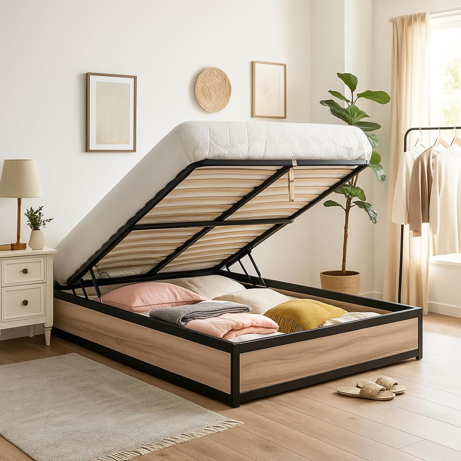 Cadre de lit, 140x190 cm, Bois Clair, Bois Clair/Noir – SAMPUR, Espace de Stockage XXL, Robuste et Large Angle d'Ouverture