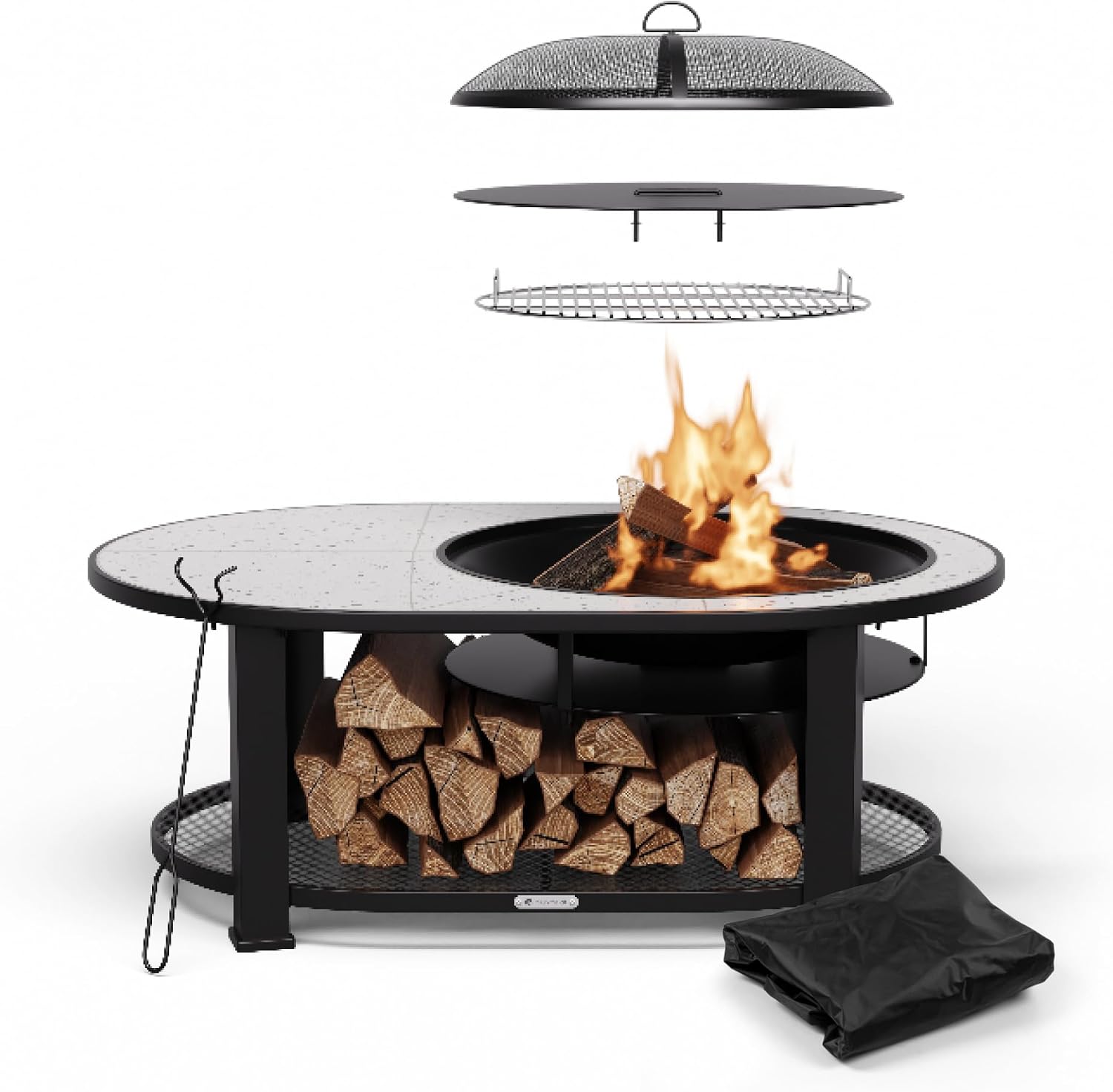 Foyer et braséros, Idéal Jardin & Terrasse, 3-en-1 Brasero, Cadre Acier Robuste – blumfeldt, Noir/Gris, Barbecue & Table, Plateau Terrazzo