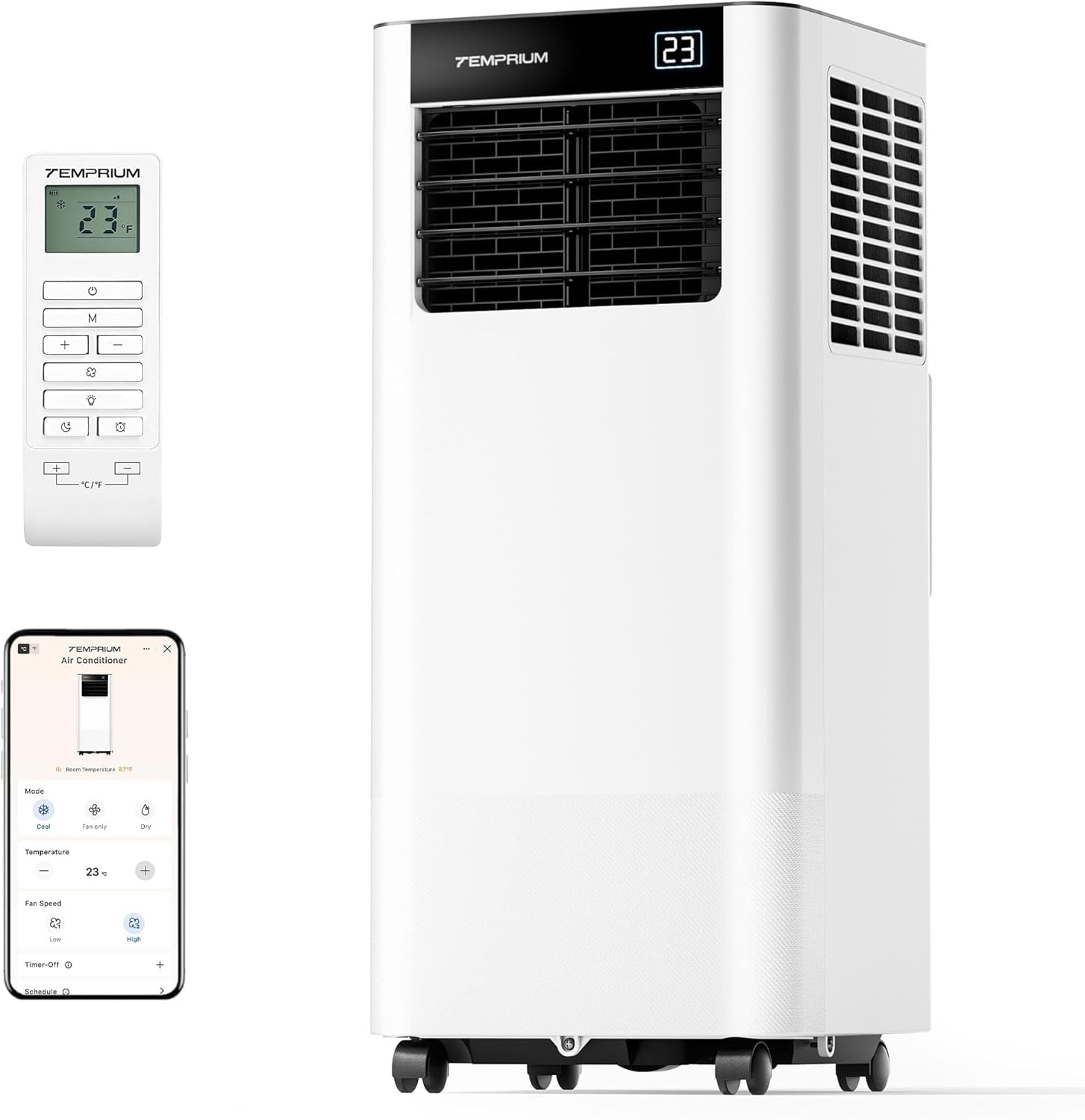 Temprium Climatiseur Mobile 9000 BTU, Silencieux <48 dB, Contrôle Via Application/Télécommande, Idéal Pour Pièces Jusqu'à 25 m2, Blanc/Noir